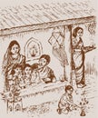 Sketch of Traditional Indian Family or Peoples Celebrating Diwali Festival by placing oil diya around the house and burning