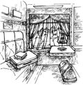 Sketch Train interior.  Travelling inside a luxurious vintage train carriage, window view. Royalty Free Stock Photo
