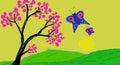 Sketch Of Tree With Pink Flowers,And Butterfly, Green Grass, On Sunrise Background.