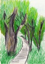 Sketch of trees and park trail with colored pencils.