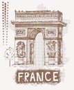 Sketch Triumphal Arch in Paris, France. Vector illustration in vintage style.