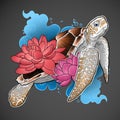 sketch turtle with lotus flowers outline graphics color