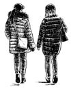 Sketch of two casual young towns woman walking together outdoors