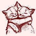 Sketch of two cute cats embracing each other. Vector of two adorable kitties hugging and cuddling