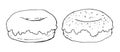 Sketch of two doughnuts in icing or cream on top side view . Vector illustration in Doodle style. Linear drawing of two delicious