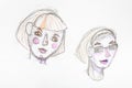 Sketch of two heads of girls with pink cheeks