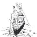 Sketch two men standing on the edge in a boat in the river and are kept in the hands of the paddle. Black contour isolated on whit