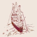 Sketch two men standing on the edge in a boat in the river and are kept in the hands of the paddle. Brown contour on beige backgro