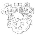 Sketch, two mice in the role of the groom and the bride drink champagne, hiding behind a piece of cheese in the form of a heart, Royalty Free Stock Photo