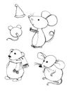 A sketch of two mice a side view, one mouse a rear view, a polar bear with a scarf and a hat. Graphic