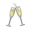 Sketch of two sparkling glasses of champagne. Merry Christmas, Happy New Year and Valentines Day design element. Hand