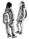 Sketch of two students girls standing and talking outdoors