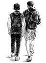 Sketch of two teens students going down the street