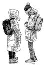Sketch of two teens students standing and talking outdoors