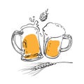 Sketch of two toasting beer mugs, barley or wheat ear and hop cone. Vector illustration Royalty Free Stock Photo