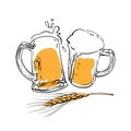 Sketch of two toasting beer mugs and barley or wheat ear. Vector illustration isolated on white background Royalty Free Stock Photo