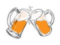Sketch of two toasting beer mugs. Cheers. Hand drawn vector illustration isolated on white background Royalty Free Stock Photo