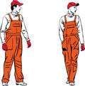 Sketch two workers in orange combinations