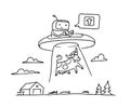 Sketch UFO steal a cow. Robot alien character. 404 error not page. On flying saucer. Hand drawn black line vector