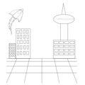 Sketch, urban fantasy landscape with skyscrapers and rocket, coloring book, isolated object on white background, cartoon