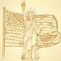 Sketch USA flag and Statue of Liberty, vector background Royalty Free Stock Photo