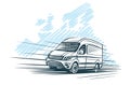 Sketch of van in front of european map sketch. Vector. Royalty Free Stock Photo