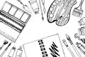 Sketch vector artist materials - top view. Black and white stylized illustration with painting and drawing tools