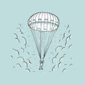 Sketch vector color illustration with hand drawn skydiver flying with a parachute. Paragliding in sky