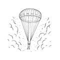 Sketch vector color illustration with hand drawn skydiver flying with a parachute. Paragliding in sky