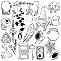 Sketch vector graphics, a magic set with mystical and occult drawn symbols Royalty Free Stock Photo