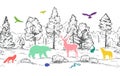 Sketch vector horizontal seamless border from trees and flat colorful animals. Color animals silhouettes and forest isolated on