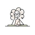 sketch vector illustration curly girl is reading in the school, studying at the desk, student, book