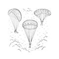 Sketch vector illustration with hand drawn skydivers flying with a paraglider and parachute