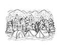 Sketch vector landscape with coniferous forest, tents, mountains