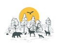 Sketch vector landscape with forest, sun and animals. Animals silhouettes. Deer, hare, fox, owl, hedgehog, wolf, bear