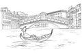 Sketch of Venetian gondola with gondolier, Realto bridge. Black and white