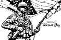Sketch Veterans day simple vector banner, poster, background with flag