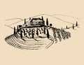 Sketch of villa, peasants house in fields. Vector rural landscape illustration. Hand drawn mediterranean homestead.