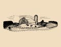 Sketch of village barn, fields and silo. Vector rural landscape illustration. Hand drawn farm, agricultural homestead.