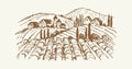 Sketch village landscape. Vintage vineyard farm, hand drawn agricultural plantation with rustic houses. Cute cozy suburb