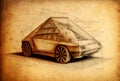 Sketch of vintage car prototype design, Leonardo da Vinci inspired, generative ai