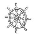 Sketch of vintage ship steering wheel, boat rudder Royalty Free Stock Photo