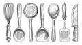 Set of kitchen tools for cooking, old engraving style. Sketch vintage vector illustration for restaurant or diner menu Royalty Free Stock Photo