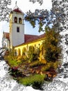 Sketch,watercolor, California mission style church with bell tower, arch & clay tile roof Royalty Free Stock Photo