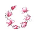 Sketch Watercolor Floral Botany wreath. Magnolia flower drawings on white backgrounds