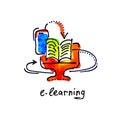 sketch watercolor icon of e-learning, distance education and onl