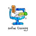 Sketch watercolor icon of online training, distance education an