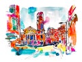 Sketch watercolor painting of London street with church, bright