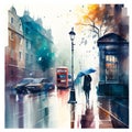 Watercolor illustration of rainly London street, vector. Royalty Free Stock Photo