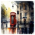 Watercolor illustration of rainly London street, vector. Royalty Free Stock Photo